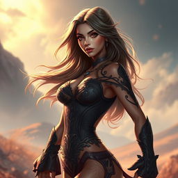 A vividly detailed and artistic representation of a sensual character design featuring a confident young woman with flowing long hair and an alluring expression