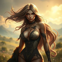 A vividly detailed and artistic representation of a sensual character design featuring a confident young woman with flowing long hair and an alluring expression