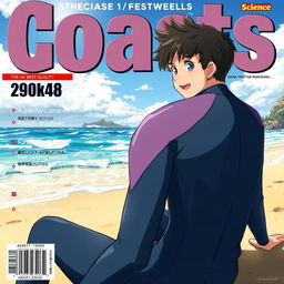 Detailed anime-style cover art for an educational science magazine issue titled 'Coasts', featuring an excited teen male character in a tight wet wetsuit, sitting on the beach