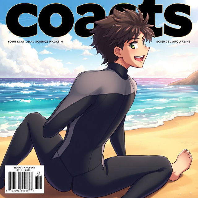 Detailed anime-style cover art for an educational science magazine issue titled 'Coasts', featuring an excited teen male character in a tight wet wetsuit, sitting on the beach