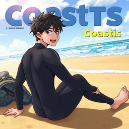 Detailed anime-style cover art for an educational science magazine issue titled 'Coasts', featuring an excited teen male character in a tight wet wetsuit, sitting on the beach