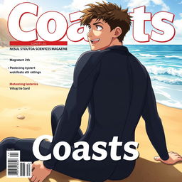 Detailed anime-style cover art for an educational science magazine issue titled 'Coasts', featuring an excited teen male character in a tight wet wetsuit, sitting on the beach
