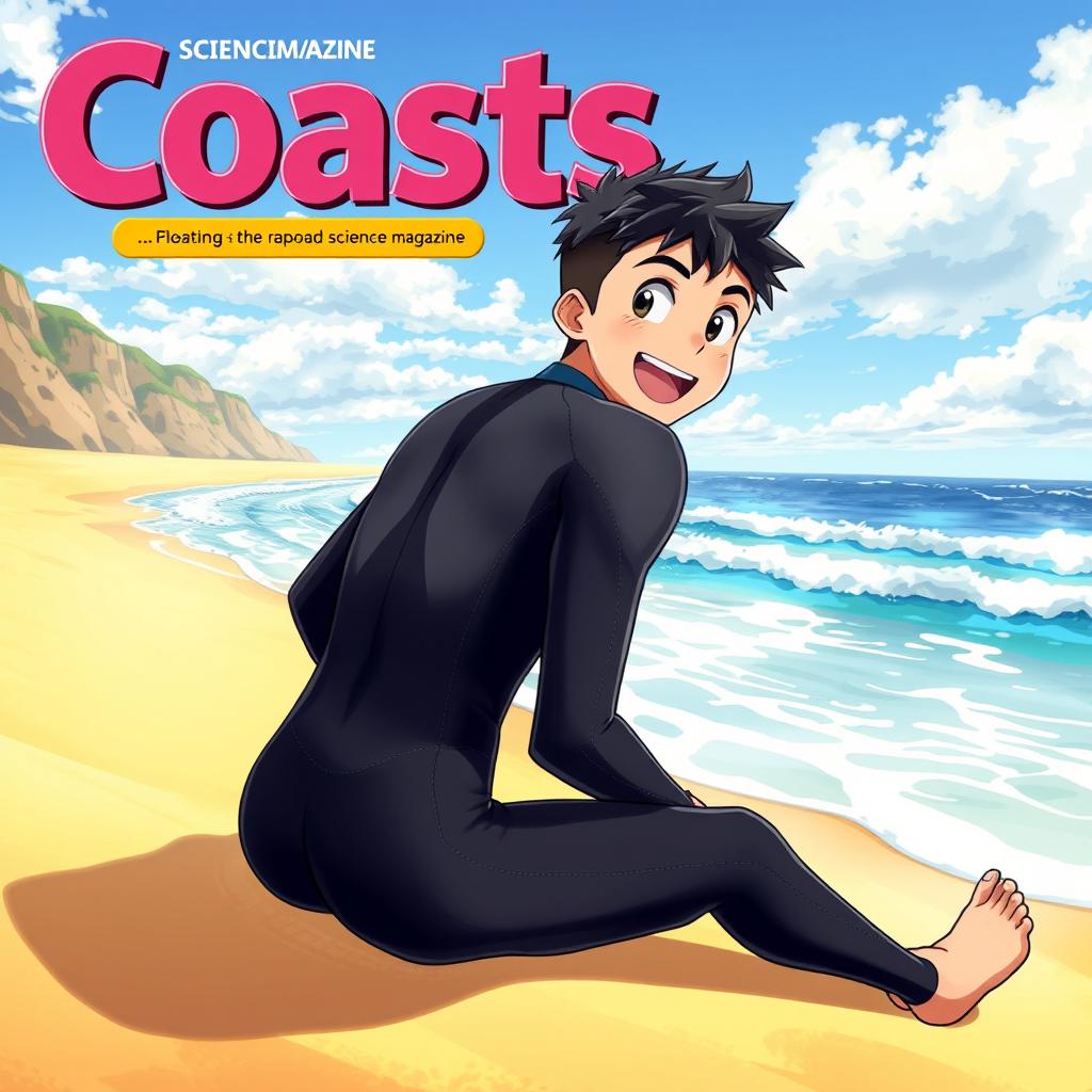 Detailed anime-style cover art for an educational science magazine issue titled 'Coasts', featuring an excited teen male character in a tight wet wetsuit, sitting on the beach