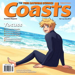Detailed anime-style cover art for an educational science magazine issue titled 'Coasts', featuring an excited teen male character in a tight wet wetsuit, sitting on the beach
