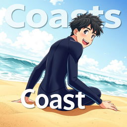 Detailed anime-style cover art for an educational science magazine issue titled 'Coasts', featuring an excited teen male character in a tight wet wetsuit, sitting on the beach