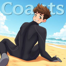 Anime-style cover art for an educational science magazine issue titled 'Coasts', featuring a friendly teen male character in a tight wet wetsuit, sitting on the beach