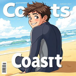 Anime-style cover art for an educational science magazine issue titled 'Coasts', featuring a friendly teen male character in a tight wet wetsuit, sitting on the beach