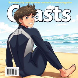 Anime-style cover art for an educational science magazine issue titled 'Coasts', featuring a friendly teen male character in a tight wet wetsuit, sitting on the beach