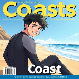 Anime-style cover art for an educational science magazine issue titled 'Coasts', featuring a friendly teen male character in a tight wet wetsuit, sitting on the beach