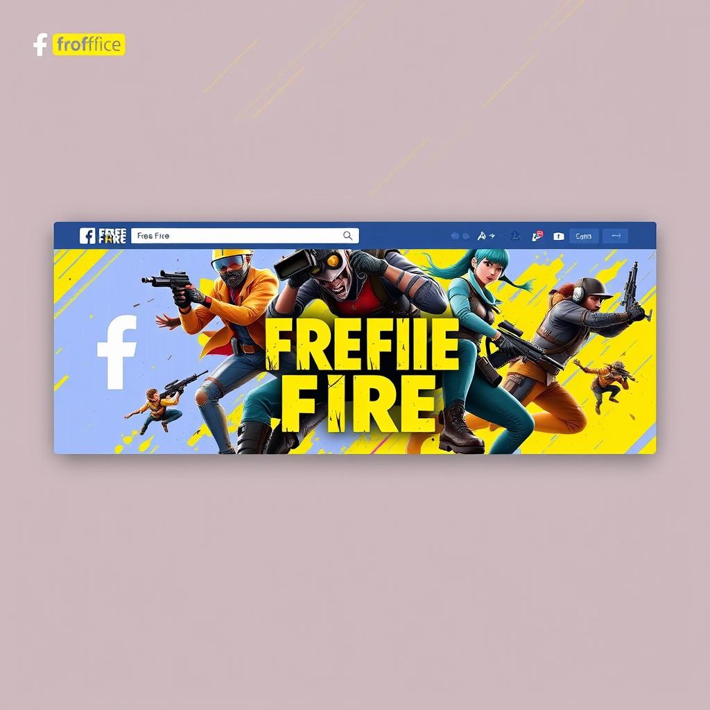 A vibrant Facebook page banner design featuring elements related to Free Fire, showcasing action-packed characters in dynamic poses