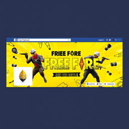 A vibrant Facebook page banner design featuring elements related to Free Fire, showcasing action-packed characters in dynamic poses
