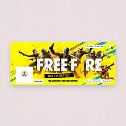 A vibrant Facebook page banner design featuring elements related to Free Fire, showcasing action-packed characters in dynamic poses