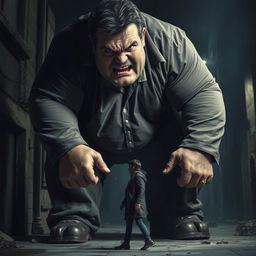 A dramatic scene depicting a very large person towering over a small figure, showcasing a tense confrontation