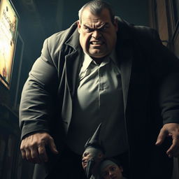 A dramatic scene depicting a very large person towering over a small figure, showcasing a tense confrontation