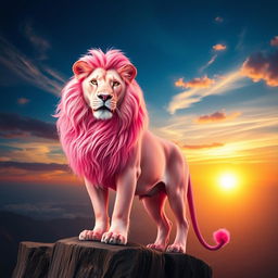 A majestic pink lion standing gracefully on a cliff overlooking a vibrant sunset