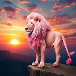 A majestic pink lion standing gracefully on a cliff overlooking a vibrant sunset