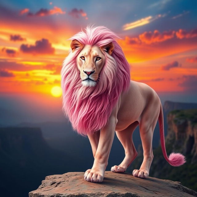 A majestic pink lion standing gracefully on a cliff overlooking a vibrant sunset