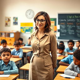 A classroom scene featuring a female teacher standing in front of her class, dressed in professional attire