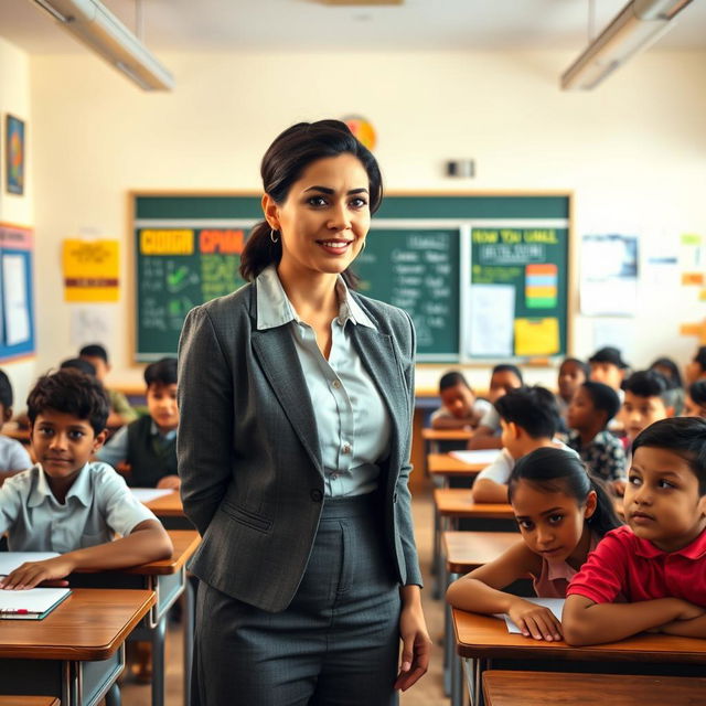 A classroom scene featuring a female teacher standing in front of her class, dressed in professional attire