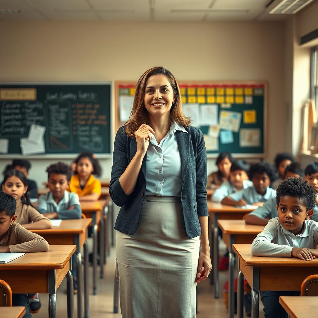 A classroom scene featuring a female teacher standing in front of her class, dressed in professional attire