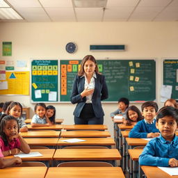A classroom scene featuring a female teacher standing in front of her class, dressed in professional attire