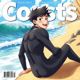 Anime-style cover art for an educational science magazine issue titled 'Coasts', featuring an excited teen male character in a tight wet wetsuit, sitting on the beach