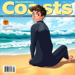 Anime-style cover art for an educational science magazine issue titled 'Coasts', featuring an excited teen male character in a tight wet wetsuit, sitting on the beach
