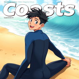 Anime-style cover art for an educational science magazine issue titled 'Coasts', featuring an excited teen male character in a tight wet wetsuit, sitting on the beach