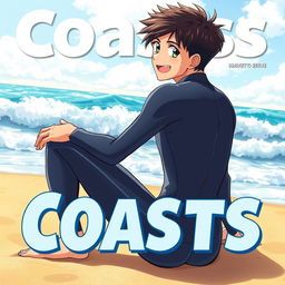 Anime-style cover art for an educational science magazine issue titled 'Coasts', featuring an excited teen male character in a tight wet wetsuit, sitting on the beach