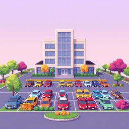 A charming pixel art illustration featuring a five-story corporate building with a sleek, modern design, including large windows and a stylish entrance