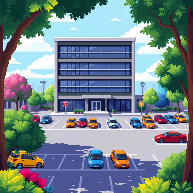 A charming pixel art illustration featuring a five-story corporate building with a sleek, modern design, including large windows and a stylish entrance