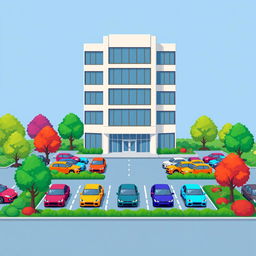 A charming pixel art illustration featuring a five-story corporate building with a sleek, modern design, including large windows and a stylish entrance