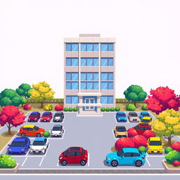 A charming pixel art illustration featuring a five-story corporate building with a sleek, modern design, including large windows and a stylish entrance