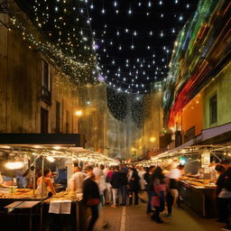 A bustling open-air market with diverse street food stalls under colorful awnings lit by sparkling fairy lights, surrounded by a crowd of lively people.