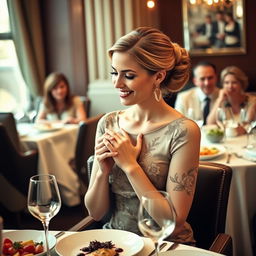 A woman elegantly dressed in a sophisticated dining setting, gracefully burping with a polite smile