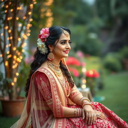 A stunning bride sitting elegantly next to the viewer, adorned in a richly detailed lehenga