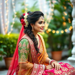 A stunning bride sitting elegantly next to the viewer, adorned in a richly detailed lehenga