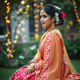 A stunning bride sitting elegantly next to the viewer, adorned in a richly detailed lehenga