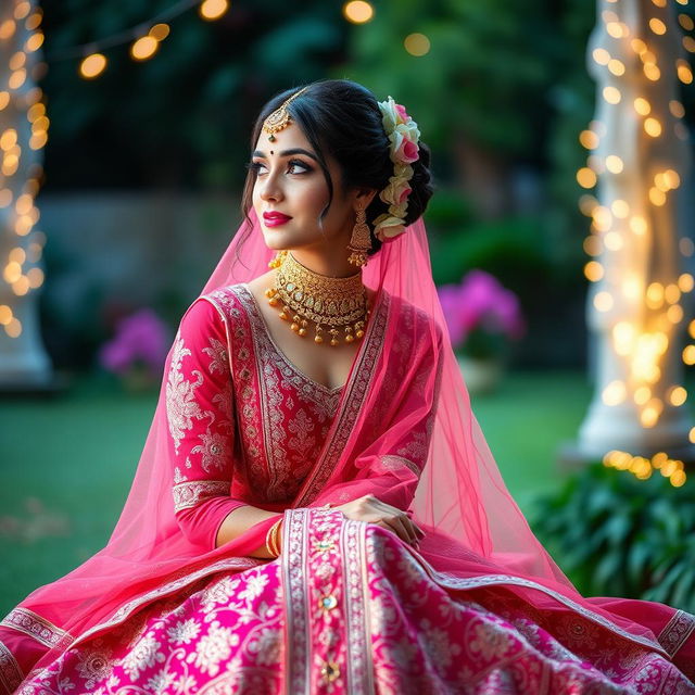 A stunning bride sitting elegantly next to the viewer, adorned in a richly detailed lehenga