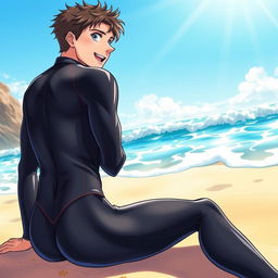 Detailed anime-style cover art for a graphic novel volume titled 'Coasts', featuring an excited teen male character in a tight glossy wetsuit, sitting on the beach