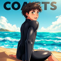 Detailed anime-style cover art for a graphic novel volume titled 'Coasts', featuring an excited teen male character in a tight glossy wetsuit, sitting on the beach