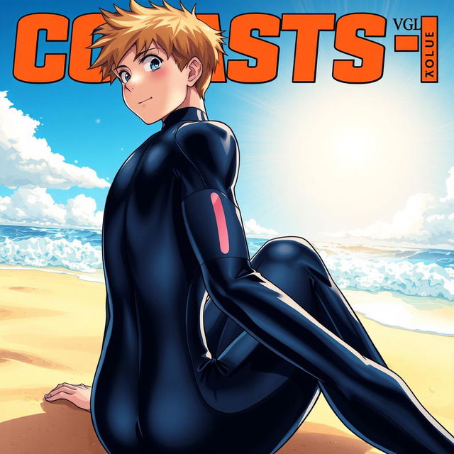 Detailed anime-style cover art for a graphic novel volume titled 'Coasts', featuring an excited teen male character in a tight glossy wetsuit, sitting on the beach