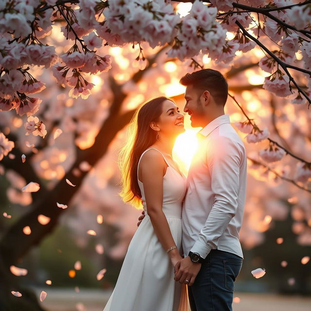 A romantic scene capturing the essence of love between two adults, standing together under a blooming cherry blossom tree during sunset