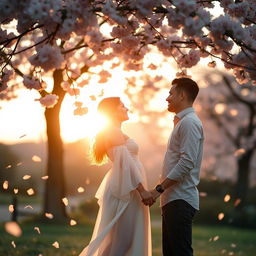 A romantic scene capturing the essence of love between two adults, standing together under a blooming cherry blossom tree during sunset