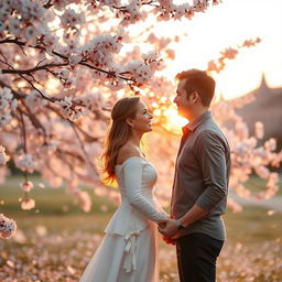 A romantic scene capturing the essence of love between two adults, standing together under a blooming cherry blossom tree during sunset