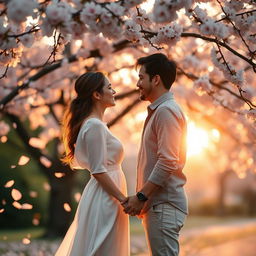 A romantic scene capturing the essence of love between two adults, standing together under a blooming cherry blossom tree during sunset