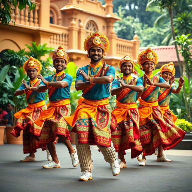 A vibrant and colorful scene featuring the Srilankan cricket team members dressed as traditional Kandyan dancers