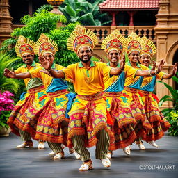 A vibrant and colorful scene featuring the Srilankan cricket team members dressed as traditional Kandyan dancers