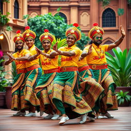 A vibrant and colorful scene featuring the Srilankan cricket team members dressed as traditional Kandyan dancers