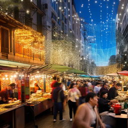 A bustling open-air market with diverse street food stalls under colorful awnings lit by sparkling fairy lights, surrounded by a crowd of lively people.